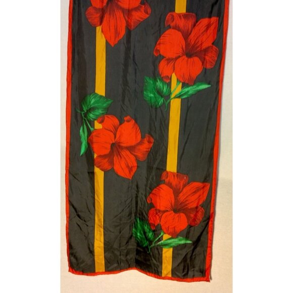 Golden Camel Silk Scarf Hand Rolled Black Red Floral Rectangle Fashion 16x58" - Picture 3 of 11